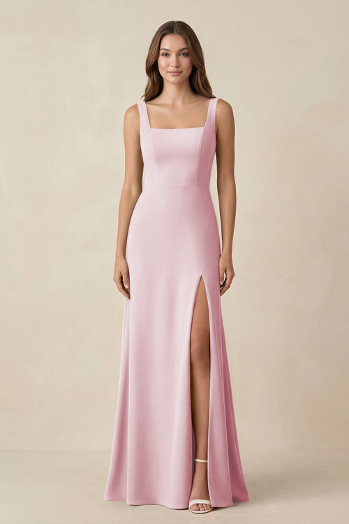 Square Neck A-Line Bridesmaid Dress With Slit in Candy Pink - KissProm BRIDESMAID DRESSES