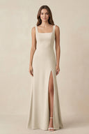 Square Neck A-Line Bridesmaid Dress With Slit in Champagne - KissProm BRIDESMAID DRESSES