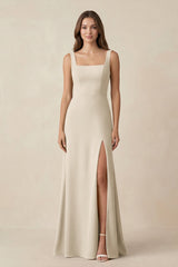 Square Neck A-Line Bridesmaid Dress With Slit in Champagne - KissProm BRIDESMAID DRESSES