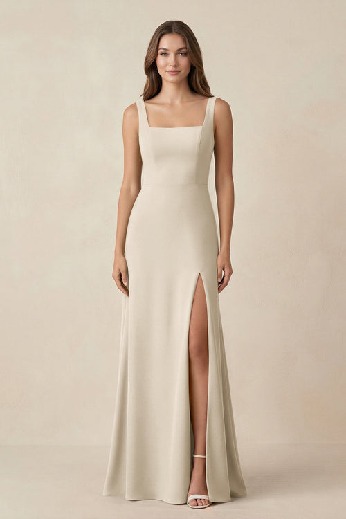 Square Neck A-Line Bridesmaid Dress With Slit in Champagne - KissProm BRIDESMAID DRESSES