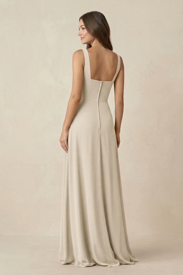 Square Neck A-Line Bridesmaid Dress With Slit in Champagne - KissProm BRIDESMAID DRESSES