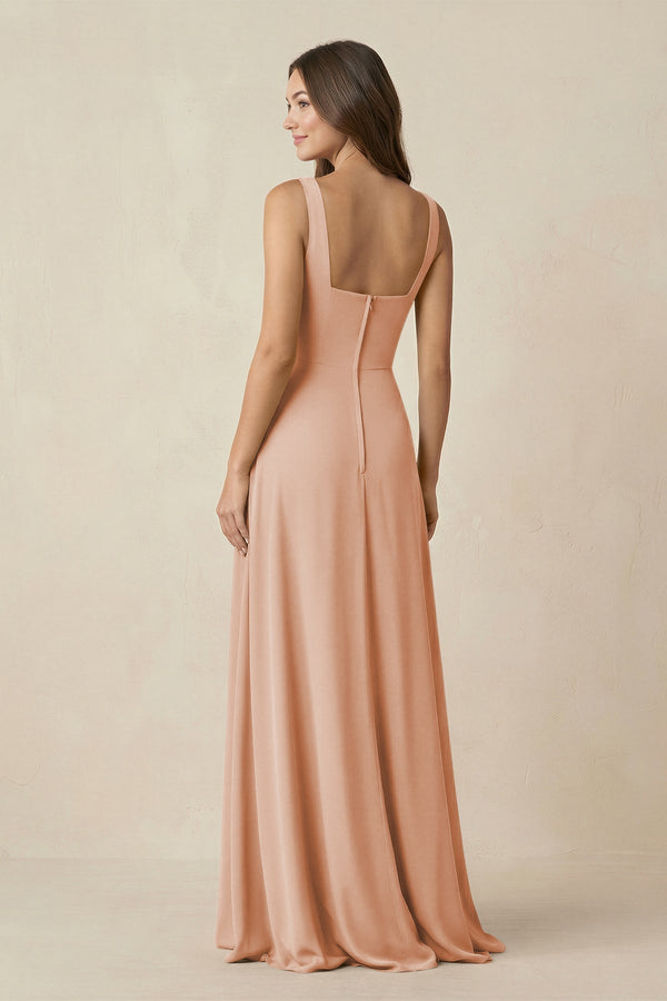 Square Neck A-Line Bridesmaid Dress With Slit in Champagne Rose - KissProm BRIDESMAID DRESSES