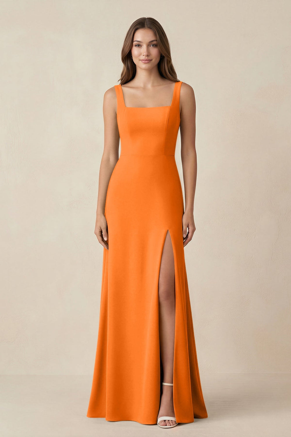Square Neck A-Line Bridesmaid Dress With Slit in Cinnamon - KissProm BRIDESMAID DRESSES