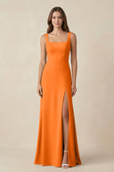 Square Neck A-Line Bridesmaid Dress With Slit in Cinnamon - KissProm BRIDESMAID DRESSES