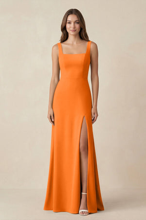 Square Neck A-Line Bridesmaid Dress With Slit in Cinnamon - KissProm BRIDESMAID DRESSES