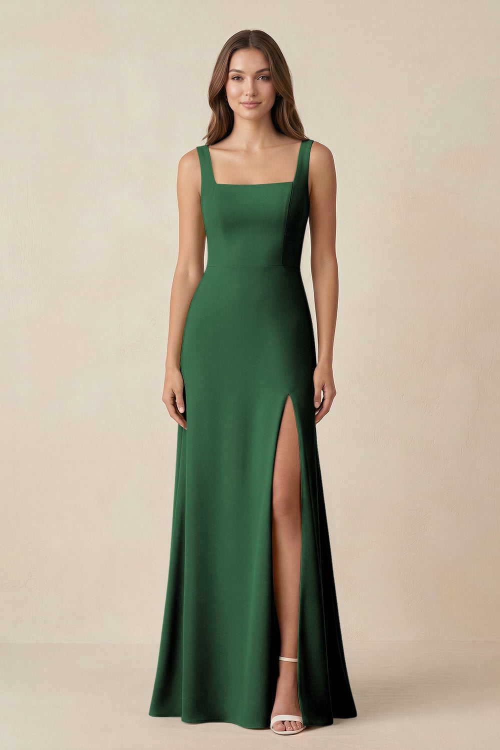 Square Neck A-Line Bridesmaid Dress With Slit in Dark Green - KissProm BRIDESMAID DRESSES