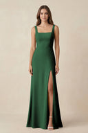 Square Neck A-Line Bridesmaid Dress With Slit in Dark Green - KissProm BRIDESMAID DRESSES