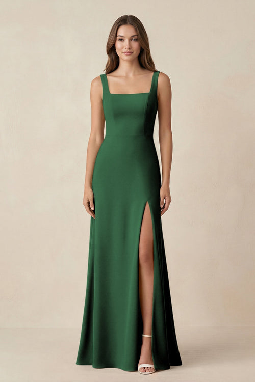 Square Neck A-Line Bridesmaid Dress With Slit in Dark Green - KissProm BRIDESMAID DRESSES