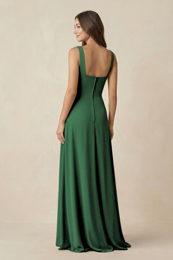 Square Neck A-Line Bridesmaid Dress With Slit in Dark Green - KissProm BRIDESMAID DRESSES