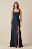 Square Neck A-Line Bridesmaid Dress With Slit in Dark Navy