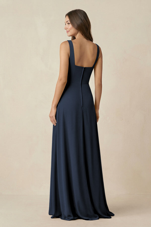 Square Neck A-Line Bridesmaid Dress With Slit in Dark Navy
