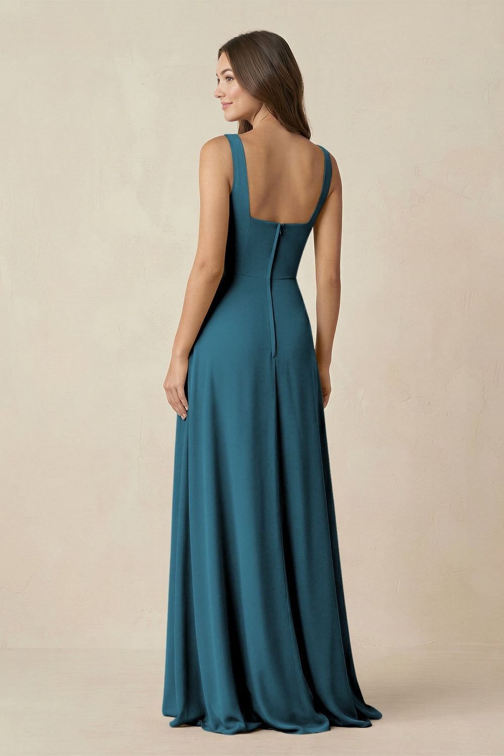 Square Neck A-Line Bridesmaid Dress With Slit in Dark Teal - KissProm BRIDESMAID DRESSES