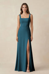 Square Neck A-Line Bridesmaid Dress With Slit in Dark Teal - KissProm BRIDESMAID DRESSES