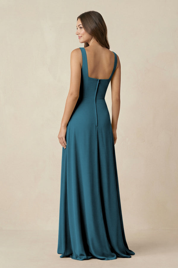 Square Neck A-Line Bridesmaid Dress With Slit in Dark Teal - KissProm BRIDESMAID DRESSES