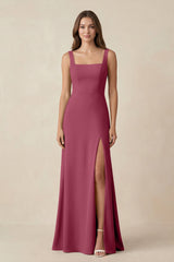 Square Neck A-Line Bridesmaid Dress With Slit in Desert Rose - KissProm BRIDESMAID DRESSES