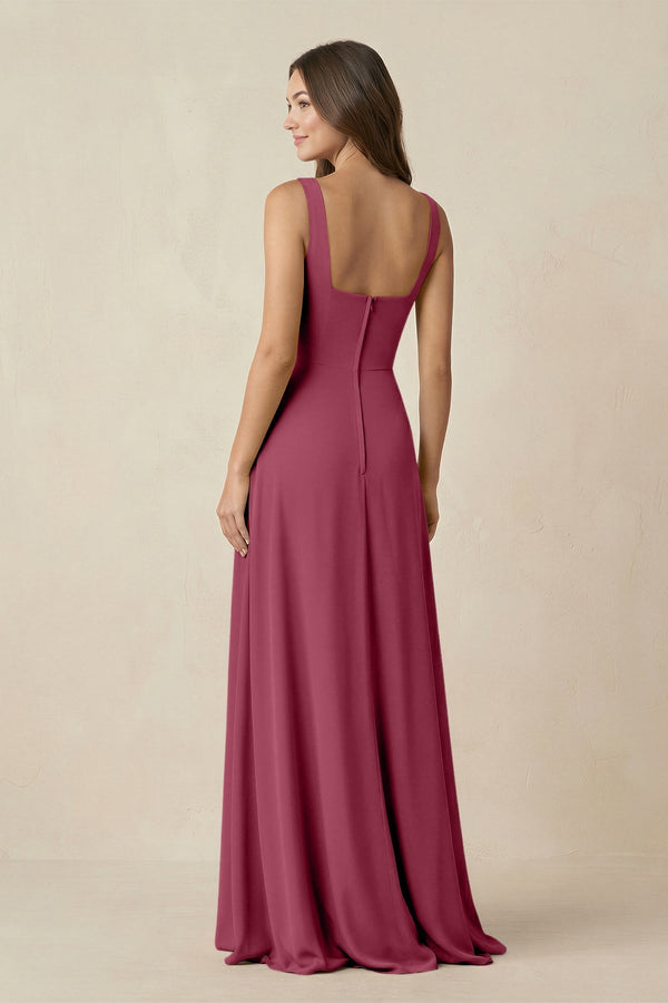 Square Neck A-Line Bridesmaid Dress With Slit in Desert Rose - KissProm BRIDESMAID DRESSES
