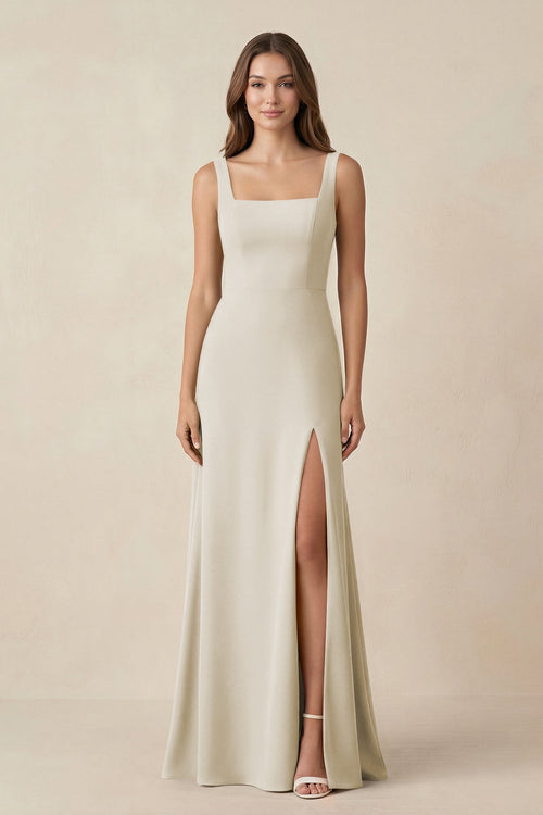 Square Neck A-Line Bridesmaid Dress With Slit in Dove Gray - KissProm BRIDESMAID DRESSES