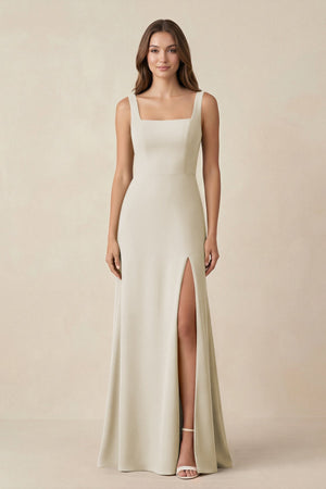 Square Neck A-Line Bridesmaid Dress With Slit in Dove Gray - KissProm BRIDESMAID DRESSES