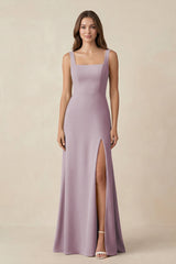 Square Neck A-Line Bridesmaid Dress With Slit in Dusk - KissProm BRIDESMAID DRESSES