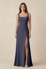 Square Neck A-Line Bridesmaid Dress With Slit in Dusk Blue - KissProm BRIDESMAID DRESSES