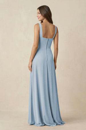 Square Neck A-Line Bridesmaid Dress With Slit in Dusty Blue - KissProm BRIDESMAID DRESSES