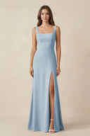 Square Neck A-Line Bridesmaid Dress With Slit in Dusty Blue - KissProm BRIDESMAID DRESSES