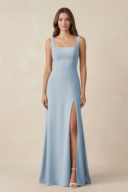Square Neck A-Line Bridesmaid Dress With Slit in Dusty Blue - KissProm BRIDESMAID DRESSES