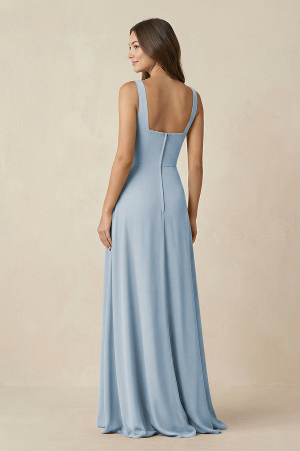 Square Neck A-Line Bridesmaid Dress With Slit in Dusty Blue - KissProm BRIDESMAID DRESSES