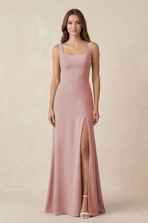 Square Neck A-Line Bridesmaid Dress With Slit in Dusty Rose - KissProm BRIDESMAID DRESSES