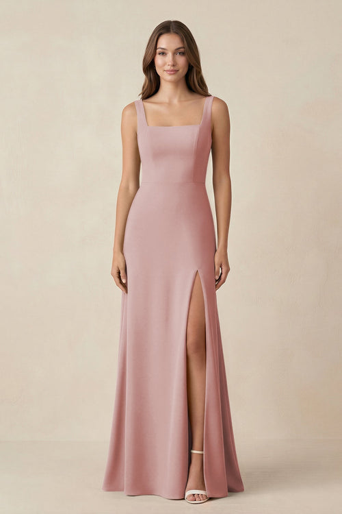 Square Neck A-Line Bridesmaid Dress With Slit in Dusty Rose - KissProm BRIDESMAID DRESSES