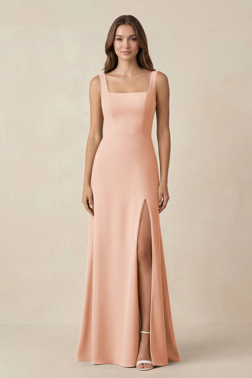 Square Neck A-Line Bridesmaid Dress With Slit in English Rose - KissProm BRIDESMAID DRESSES