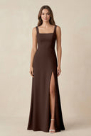 Square Neck A-Line Bridesmaid Dress With Slit in Espresso - KissProm BRIDESMAID DRESSES