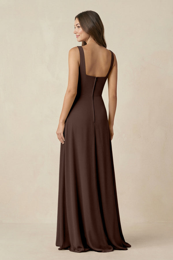 Square Neck A-Line Bridesmaid Dress With Slit in Espresso - KissProm BRIDESMAID DRESSES