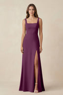 Square Neck A-Line Bridesmaid Dress With Slit in Fig - KissProm BRIDESMAID DRESSES