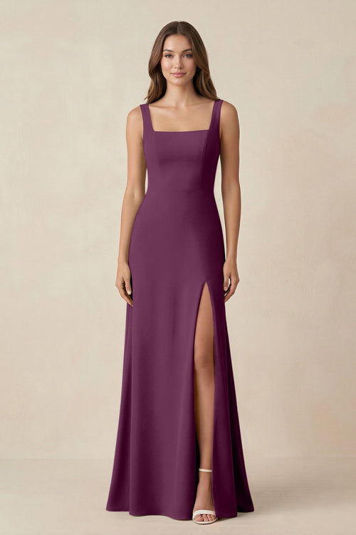 Square Neck A-Line Bridesmaid Dress With Slit in Fig - KissProm BRIDESMAID DRESSES