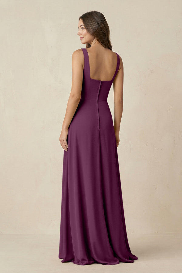 Square Neck A-Line Bridesmaid Dress With Slit in Fig - KissProm BRIDESMAID DRESSES