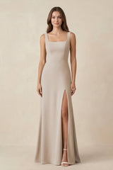 Square Neck A-Line Bridesmaid Dress With Slit in Frost - KissProm BRIDESMAID DRESSES