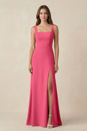 Square Neck A-Line Bridesmaid Dress With Slit in Fuchsia - KissProm BRIDESMAID DRESSES