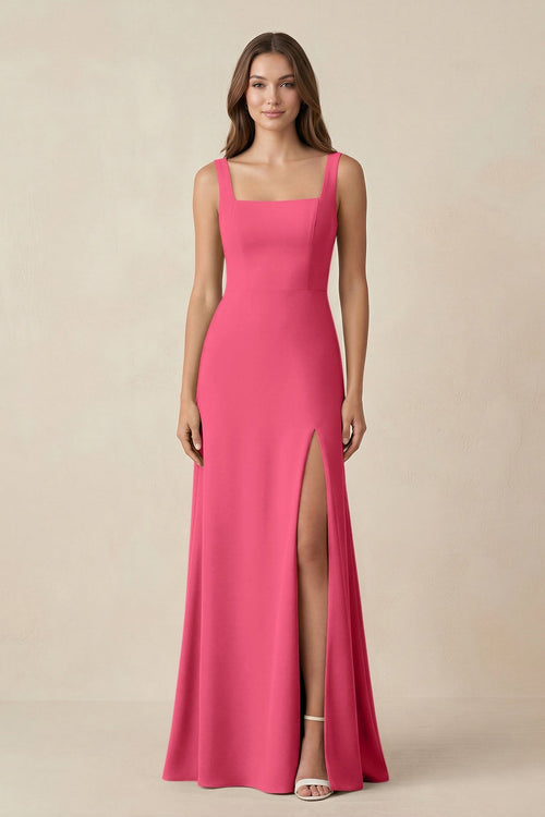 Square Neck A-Line Bridesmaid Dress With Slit in Fuchsia - KissProm BRIDESMAID DRESSES
