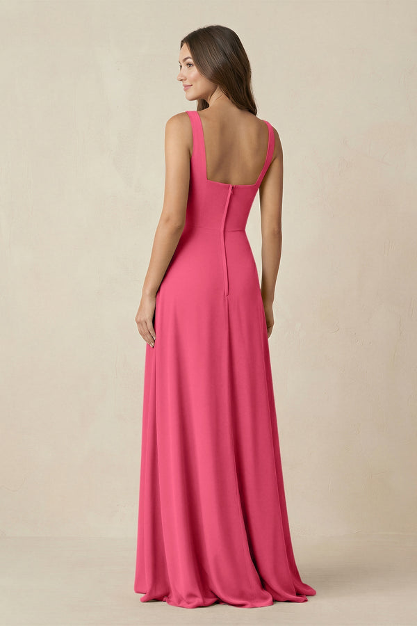 Square Neck A-Line Bridesmaid Dress With Slit in Fuchsia - KissProm BRIDESMAID DRESSES