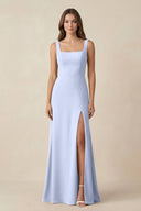 Square Neck A-Line Bridesmaid Dress With Slit in Ice - KissProm BRIDESMAID DRESSES