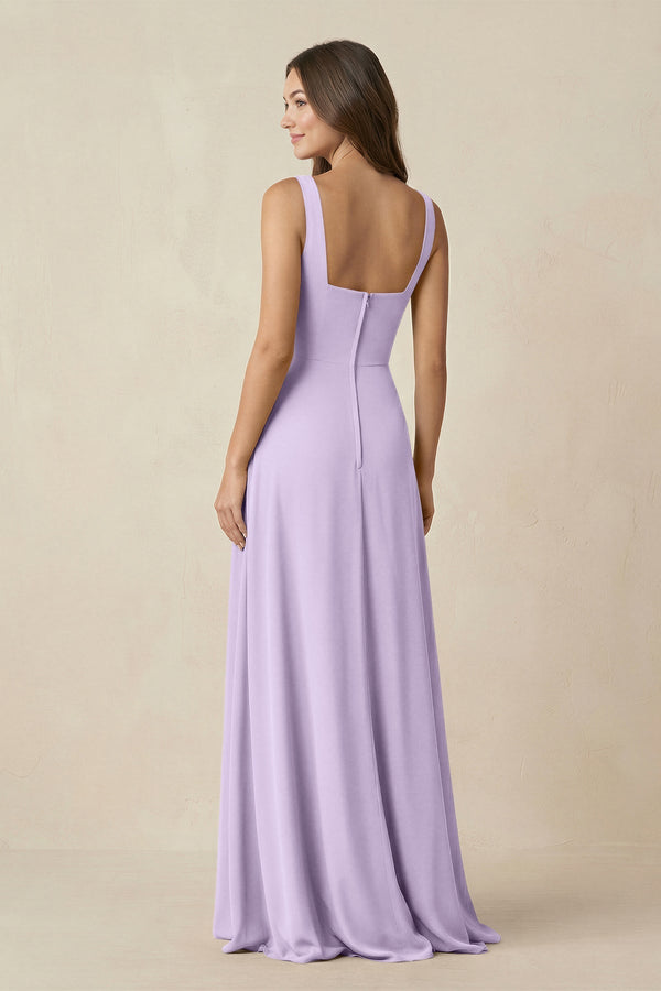 Square Neck A-Line Bridesmaid Dress With Slit in Lavender - KissProm BRIDESMAID DRESSES