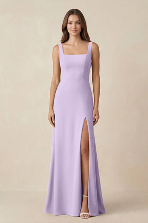 Square Neck A-Line Bridesmaid Dress With Slit in Lavender - KissProm BRIDESMAID DRESSES