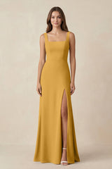 Square Neck A-Line Bridesmaid Dress With Slit in Marigold - KissProm BRIDESMAID DRESSES