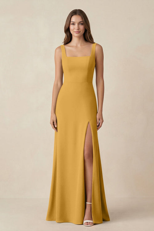 Square Neck A-Line Bridesmaid Dress With Slit in Marigold - KissProm BRIDESMAID DRESSES