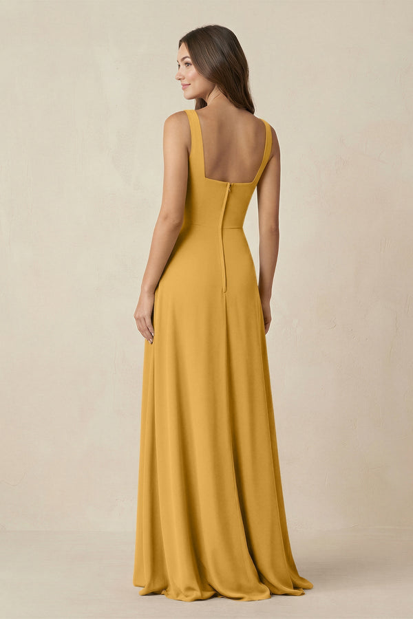 Square Neck A-Line Bridesmaid Dress With Slit in Marigold - KissProm BRIDESMAID DRESSES
