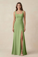 Square Neck A-Line Bridesmaid Dress With Slit in Matcha - KissProm BRIDESMAID DRESSES