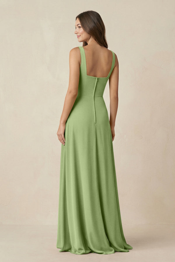 Square Neck A-Line Bridesmaid Dress With Slit in Matcha - KissProm BRIDESMAID DRESSES