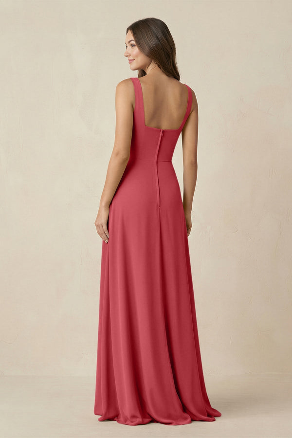Square Neck A-Line Bridesmaid Dress With Slit in Merlot - KissProm BRIDESMAID DRESSES