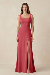 Square Neck A-Line Bridesmaid Dress With Slit in Merlot - KissProm BRIDESMAID DRESSES
